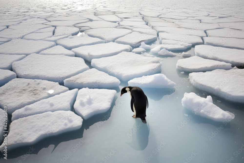 Penguin on ice floe in Arctic. Polar landscape. A lone penguin on a melting ice floe representing cl