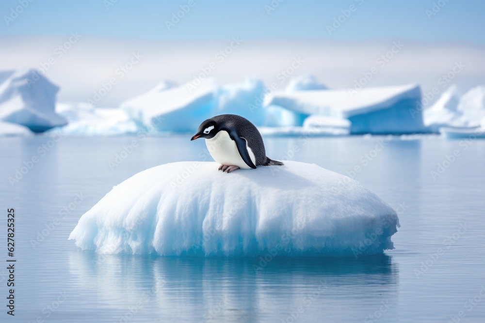 Penguin sitting on a iceberg in the arctic, Antarctic waters, A lone penguin on a melting ice floe r