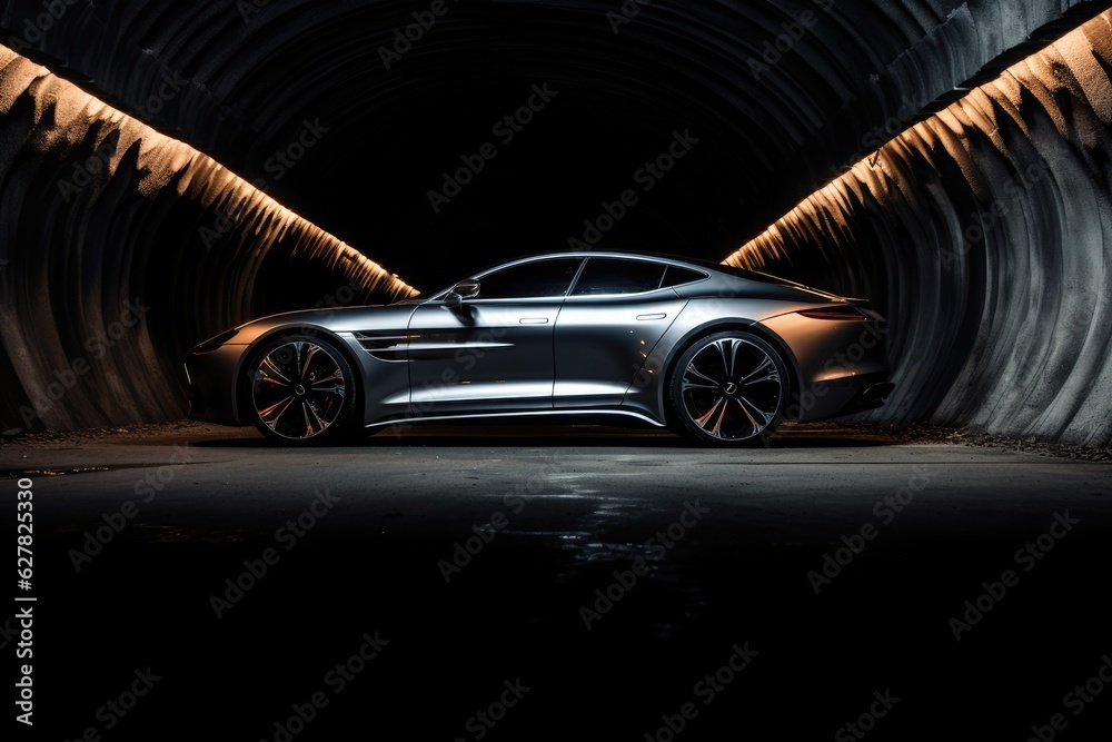 3D rendering of a brand-less generic concept car in a tunnel, A mesmerizing image of a car in a subt