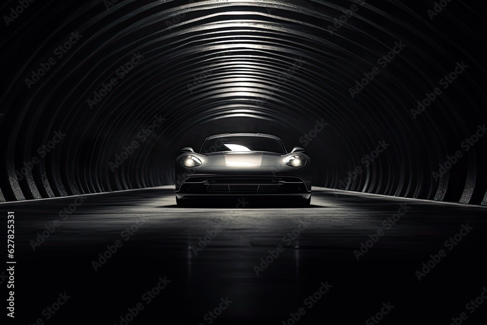 3D rendering of a vintage sports car in a tunnel at night, A mesmerizing image of a car in a subterr