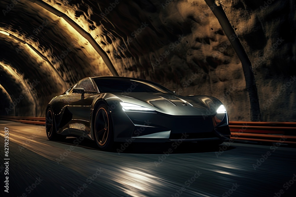 3D rendering of a brand-less generic concept car in a tunnel, A mesmerizing image of a car in a subt