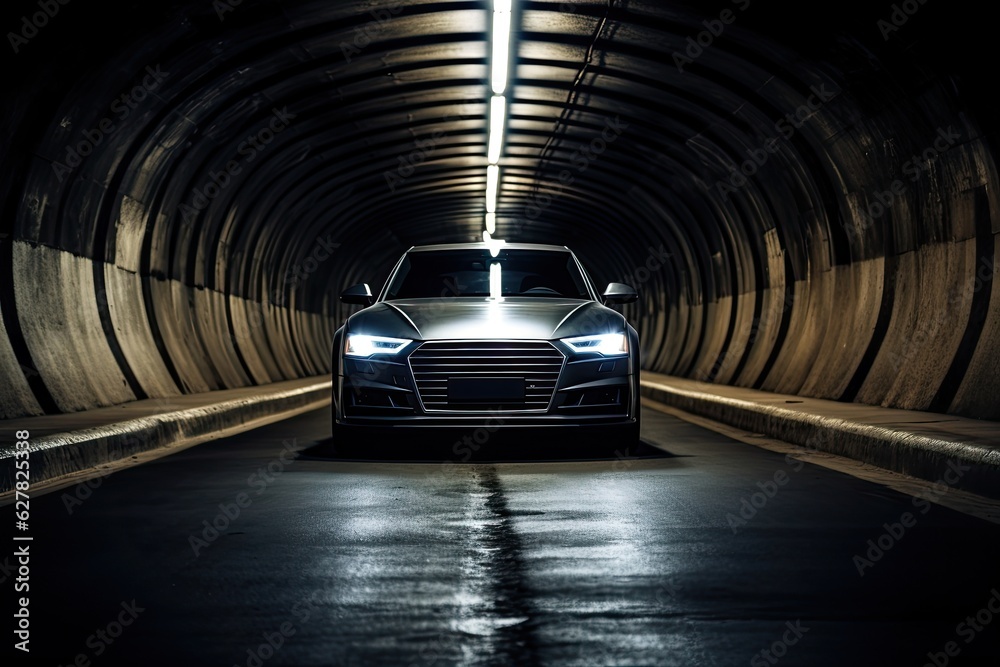 Car in a tunnel. Car in the dark tunnel. Car in the tunnel. A mesmerizing image of a car in a subter