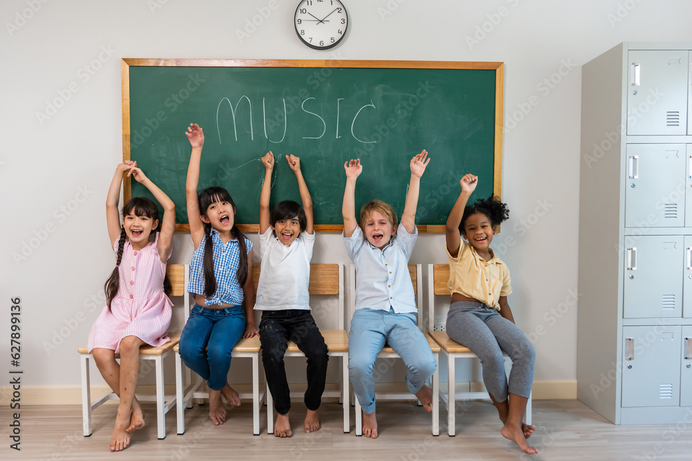 Portrait of diverse children student in classroom at elementary school. 