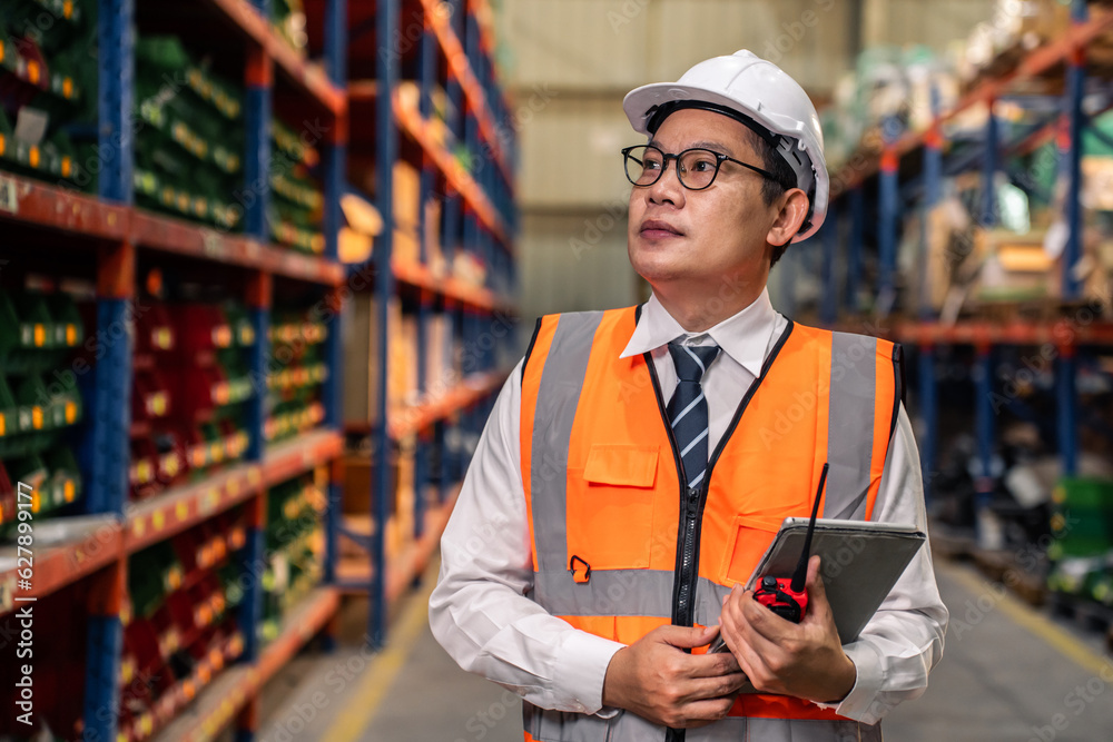 Asian attractive man industrial worker working in manufacturing plant. 