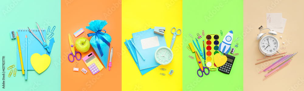 Collage of school stationery with alarm clocks, cone and rocket on color background