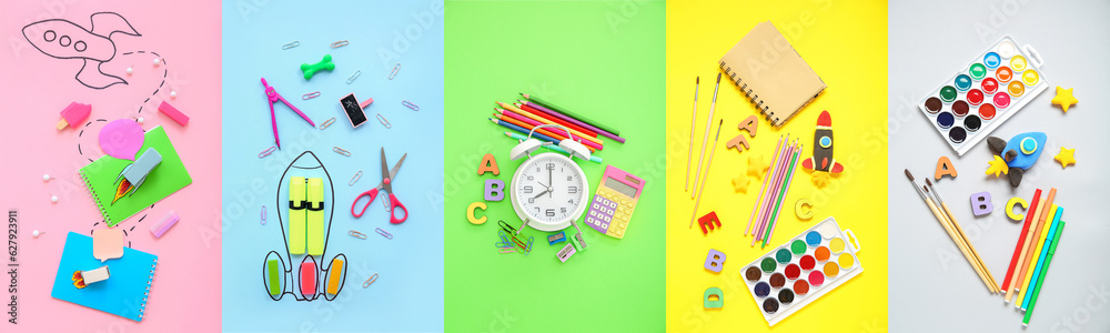 Collage of school stationery with alarm clock and rockets on color background