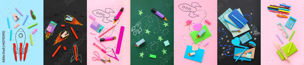 Collage of drawn rockets and school stationery