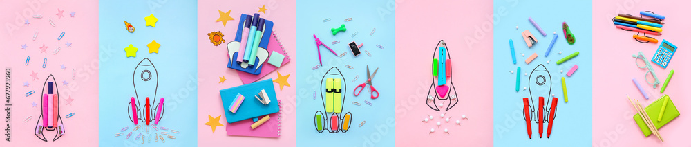 Collage of drawn rockets and school stationery on color background