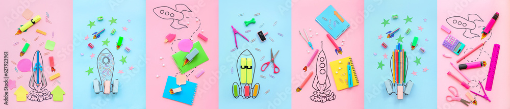 Set of drawn rockets and school stationery on color background