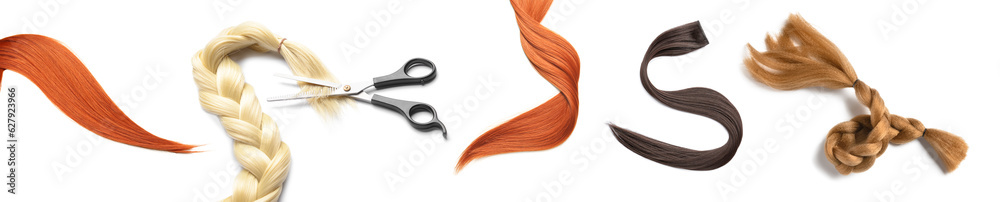 Set of different hair strands on white background