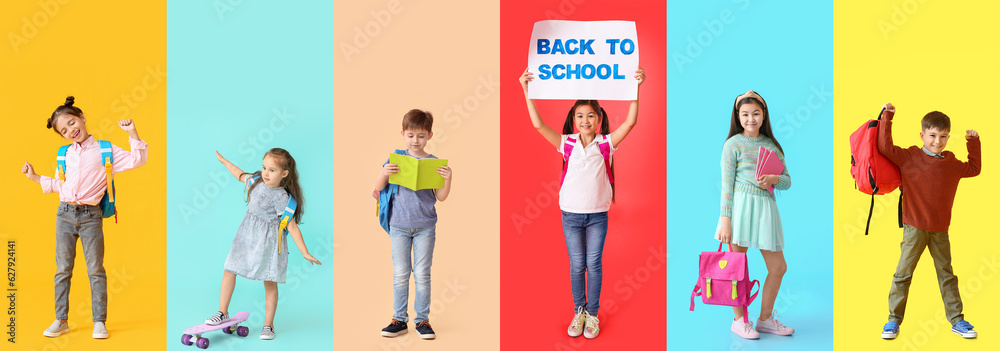 Collage of little students on color background