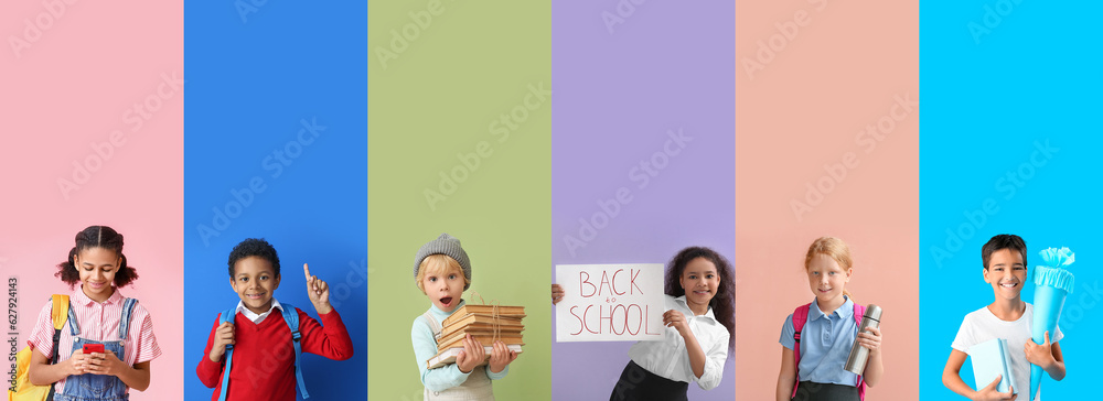 Collage of cute pupils on color background