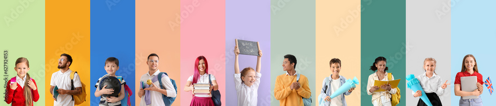 Collage of different pupils on color background