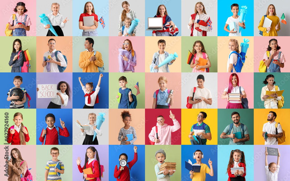 Group of different pupils on color background