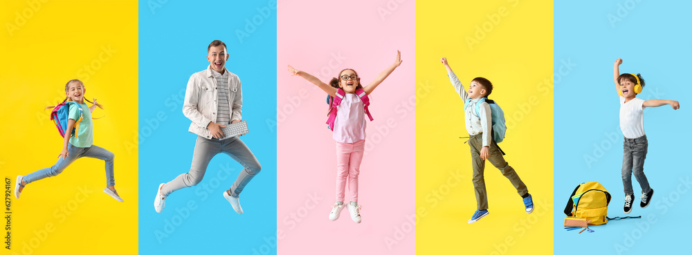 Collage of jumping pupils on color background