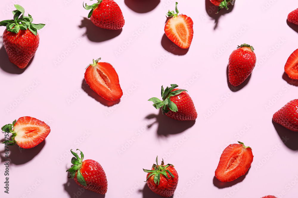 Fresh strawberries on lilac background