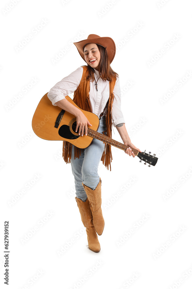 Beautiful cowgirl playing guitar on white background