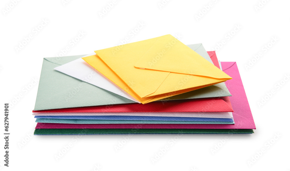 Stack of different envelopes on white background