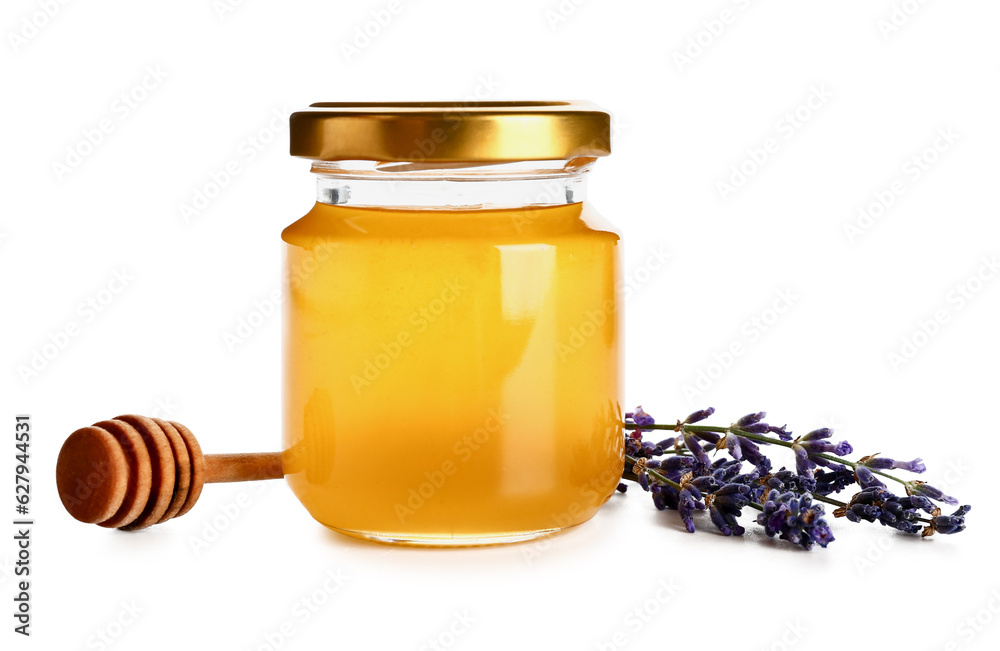 Jar of sweet lavender honey, dipper and flowers on white background