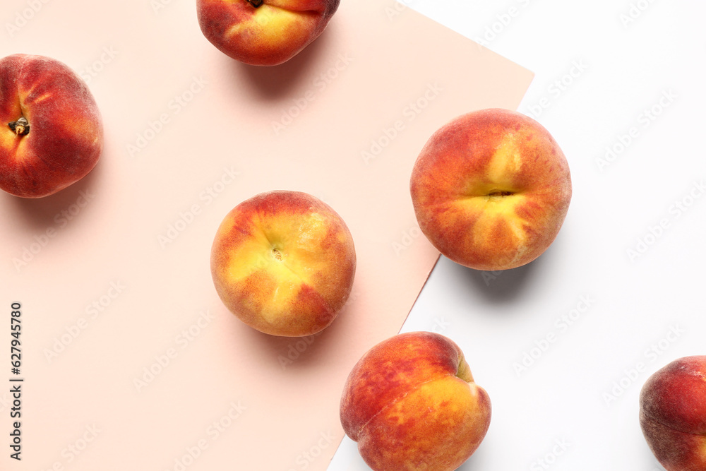 Sweet peaches on colorful background