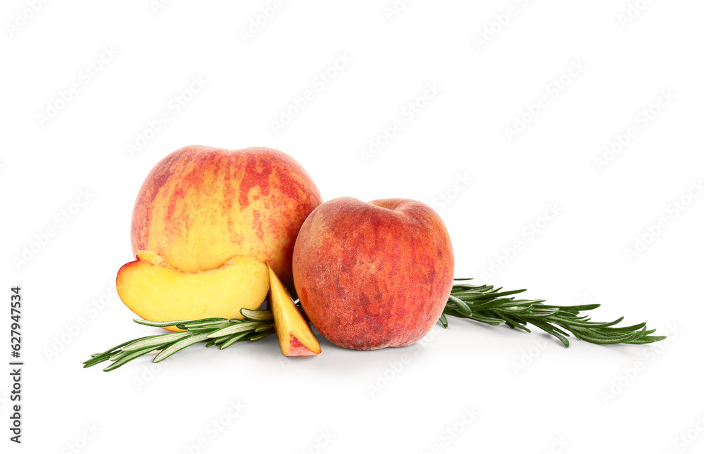 Fresh peaches and rosemary on white background