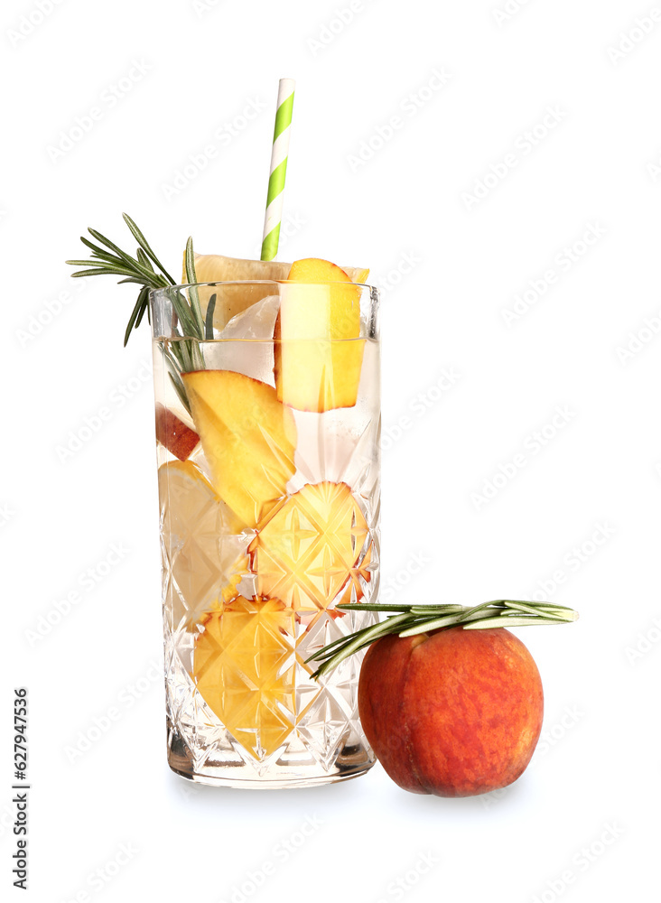 Glass of fresh peach lemonade with rosemary on white background