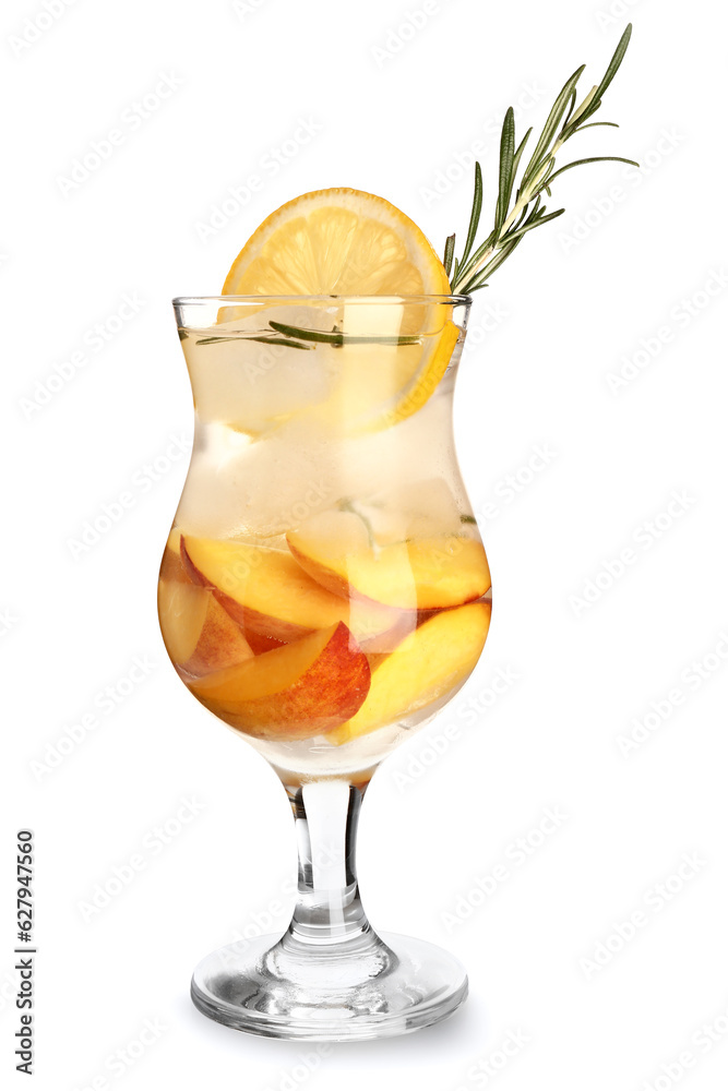 Glass of fresh peach lemonade with rosemary on white background