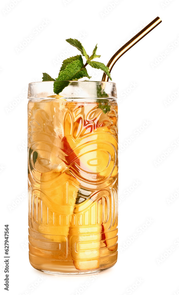 Glass of fresh peach lemonade with mint on white background