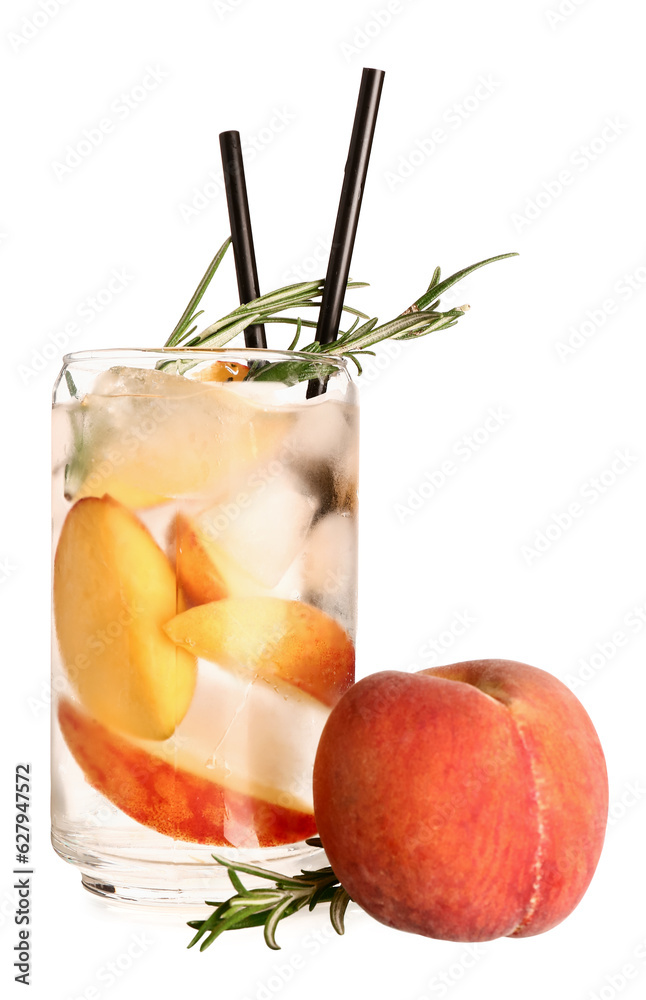 Glass of fresh peach lemonade with rosemary on white background