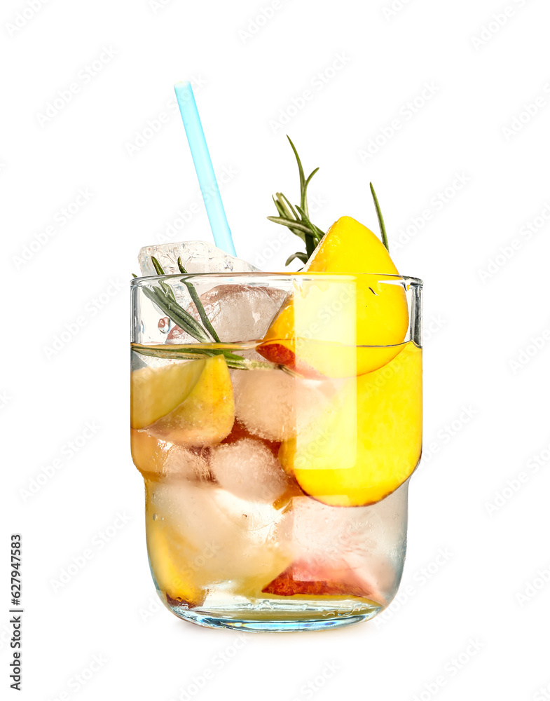 Glass of fresh peach lemonade with rosemary on white background