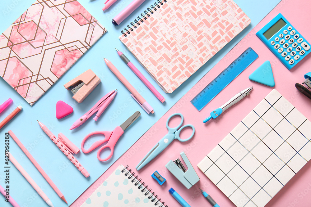 Different school stationery and notebooks on colorful background