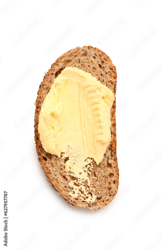 Tasty toast with butter on white background