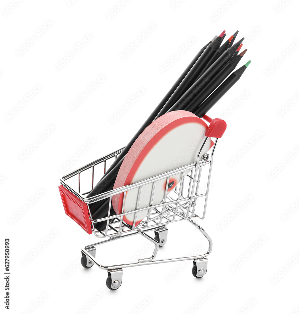 Shopping cart with school stationery on white background