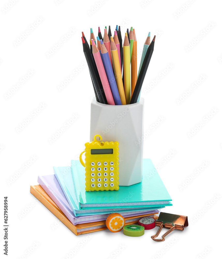 Cup with school stationery and notebooks on white background