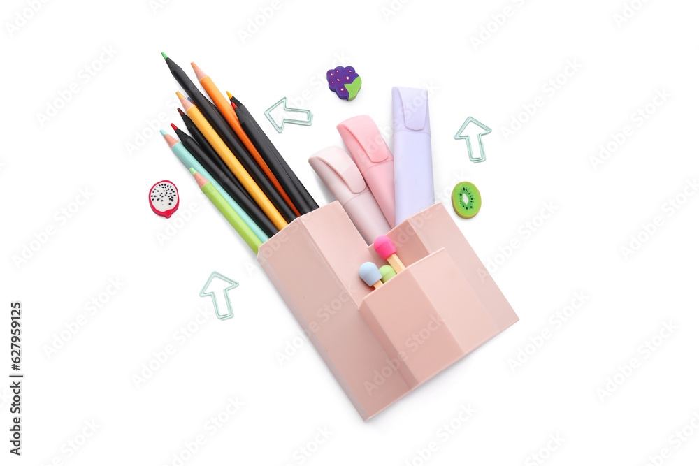 Cups with school stationery on white background