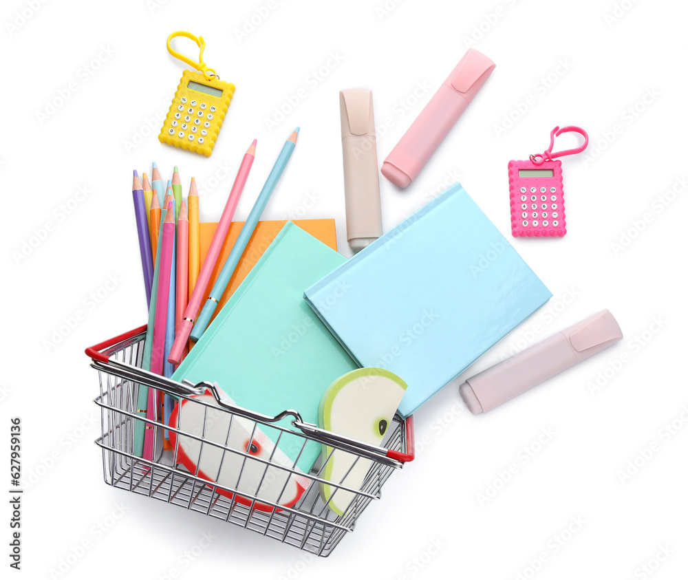 Shopping basket with school stationery on white background