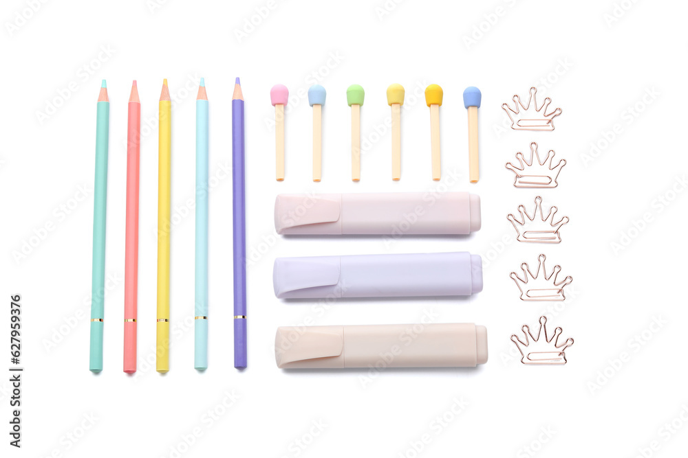 Different school stationery on white background