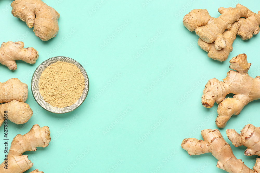 Fresh ginger roots and bowl with dried powder on turquoise background