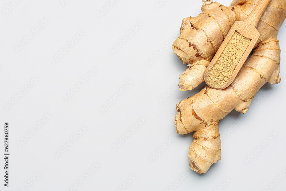 Fresh ginger root and wooden scoop with dried powder on grey background