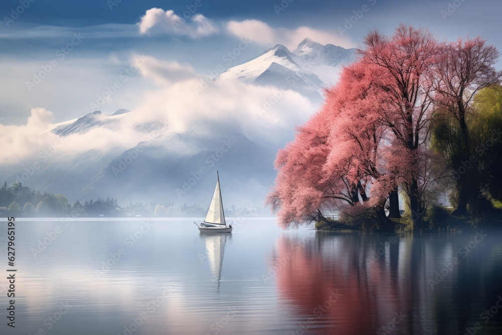 Sailing boat on the lake with mountains in the background at sunrise, a serene lake with trees and p