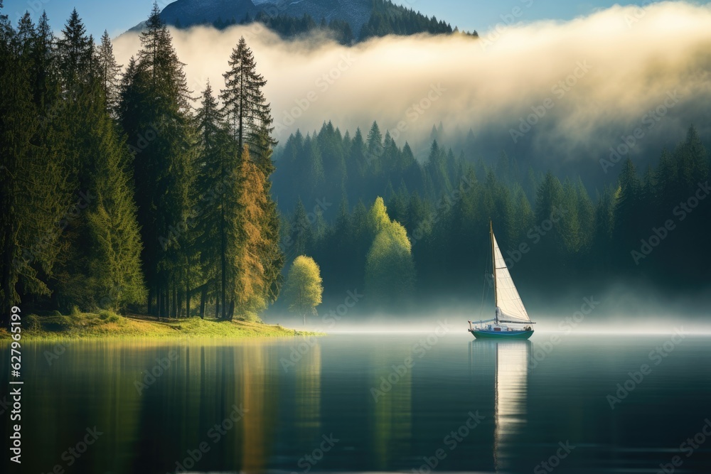 Sailing boat on the lake in the morning fog. Beautiful landscape, a serene lake with trees and plant