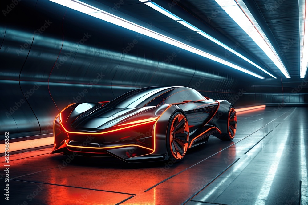 3D rendering of a brand-less generic concept car in a tunnel, A sports car a futuristic autonomous v