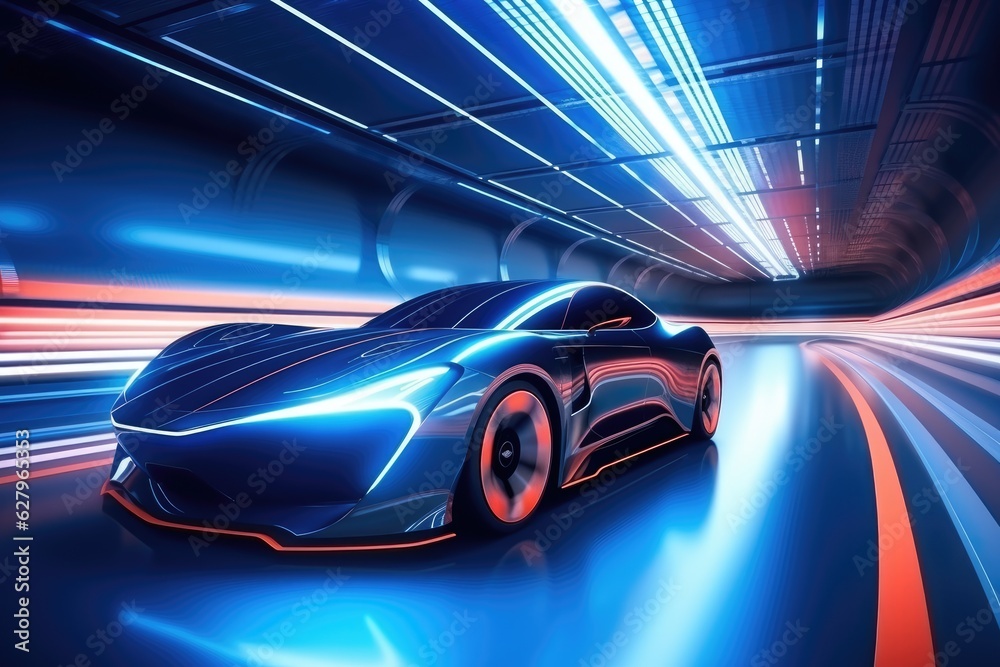 3D rendering of a sports car in a tunnel with light trails, A sports car a futuristic autonomous veh