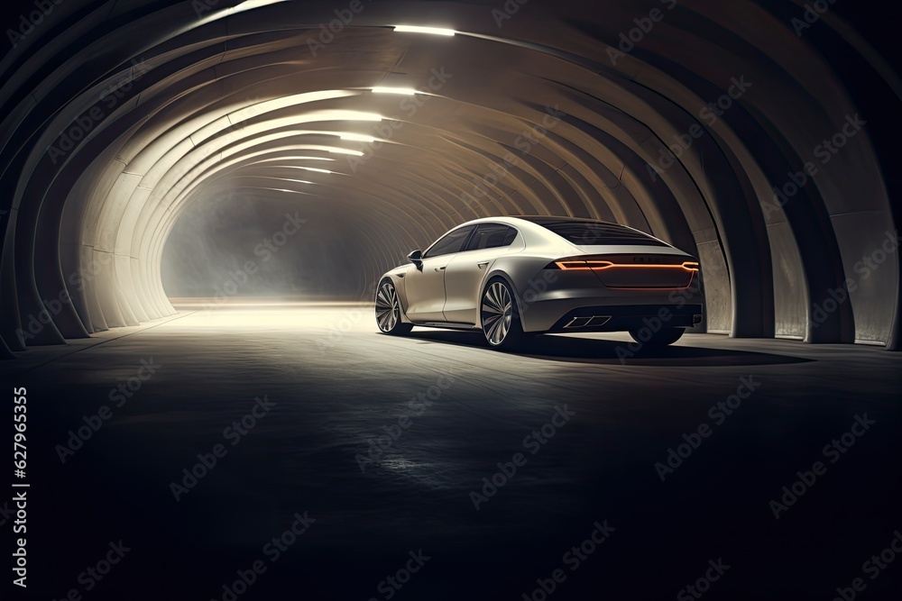 3D rendering of a brand-less generic concept car in a tunnel, A striking image of a car parked in a 