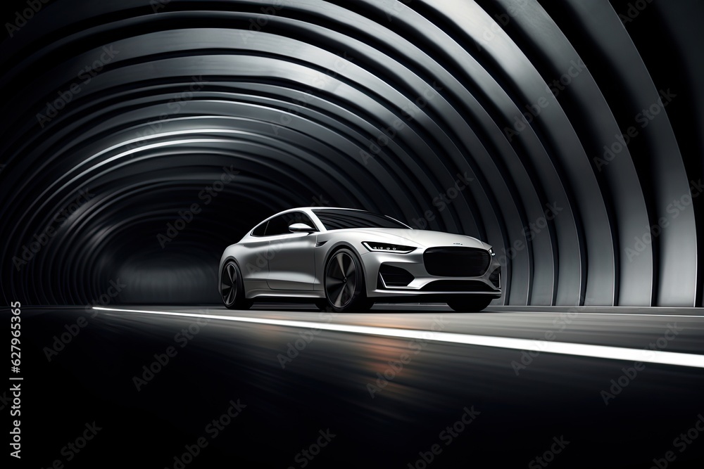 Conceptual image of a sports car driving through a tunnel. A striking image of a car parked in a tun