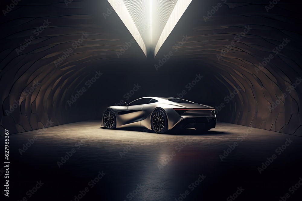 3D rendering of a brand-less generic concept car in a tunnel, A striking image of a car parked in a 