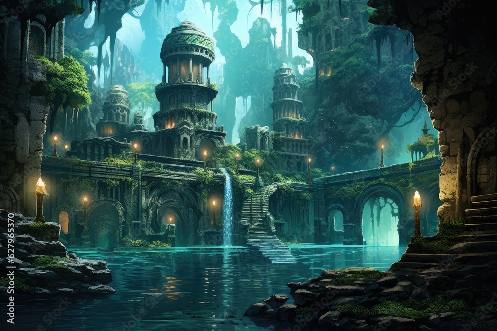 Fantasy landscape with fantasy temple in the deep forest. A thriving hidden oceanic civilization wit