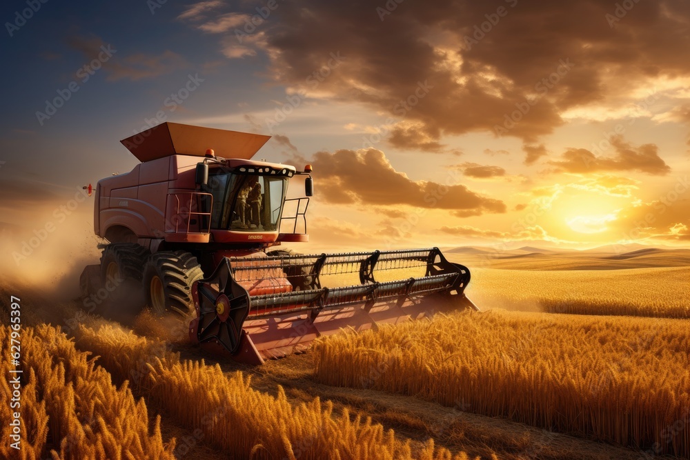 Combine harvester working on a wheat field at sunset. A tractor harvesting wheat starch in the sunse