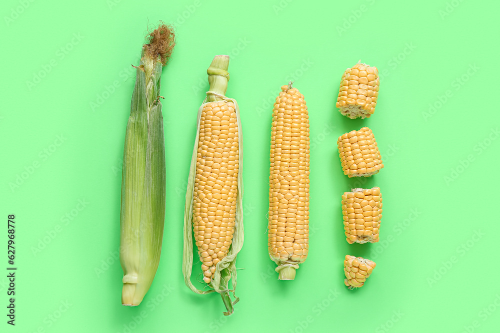 Fresh corn cobs with husk on green background