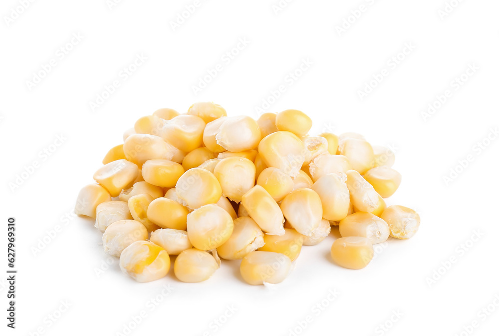 Heap of corn kernels on white background